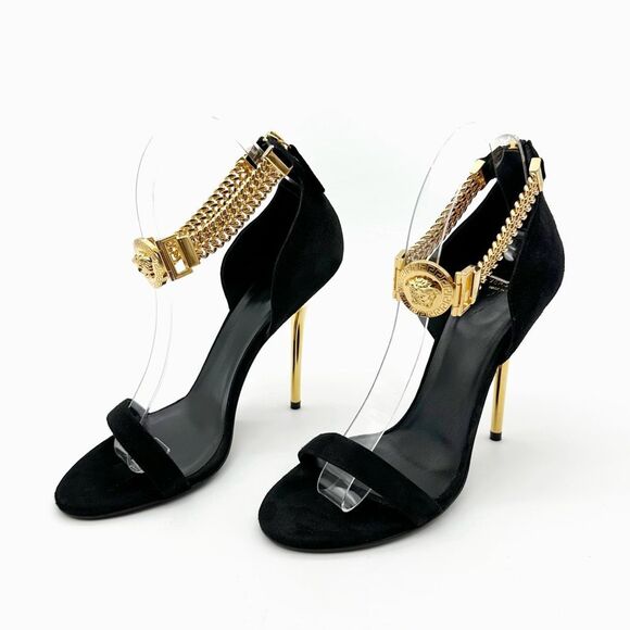 VERSACE Medusa Insignia Black Suede Pumps Size 38.5 US 8 Open Toe Gold Heel - Picture 1 of 13